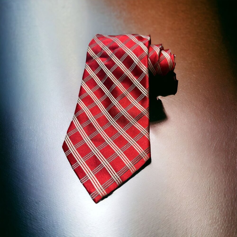 Bugatti 100% Silk Necktie Striped Red Gray Silver Power Tie 58" x 3.75" NWOT